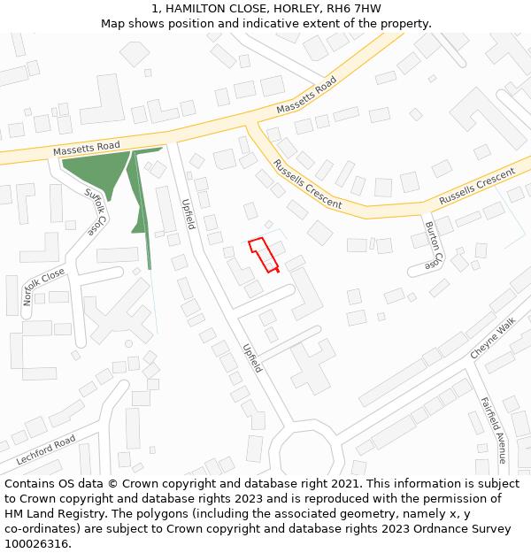 1, HAMILTON CLOSE, HORLEY, RH6 7HW: Location map and indicative extent of plot