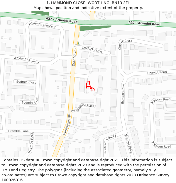 1, HAMMOND CLOSE, WORTHING, BN13 3FH: Location map and indicative extent of plot