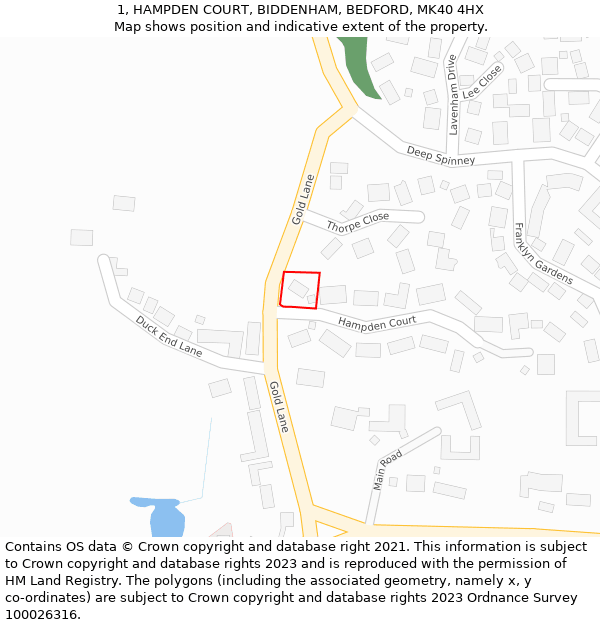 1, HAMPDEN COURT, BIDDENHAM, BEDFORD, MK40 4HX: Location map and indicative extent of plot