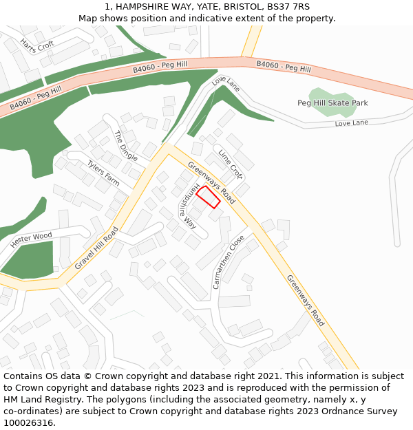 1, HAMPSHIRE WAY, YATE, BRISTOL, BS37 7RS: Location map and indicative extent of plot