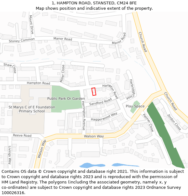 1, HAMPTON ROAD, STANSTED, CM24 8FE: Location map and indicative extent of plot