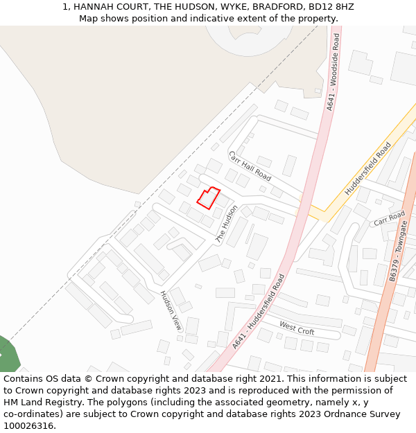 1, HANNAH COURT, THE HUDSON, WYKE, BRADFORD, BD12 8HZ: Location map and indicative extent of plot