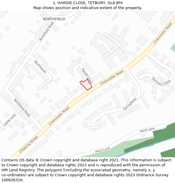 1, HARDIE CLOSE, TETBURY, GL8 8FA: Location map and indicative extent of plot