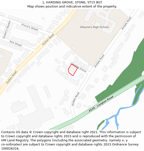 1, HARDING GROVE, STONE, ST15 8GT: Location map and indicative extent of plot