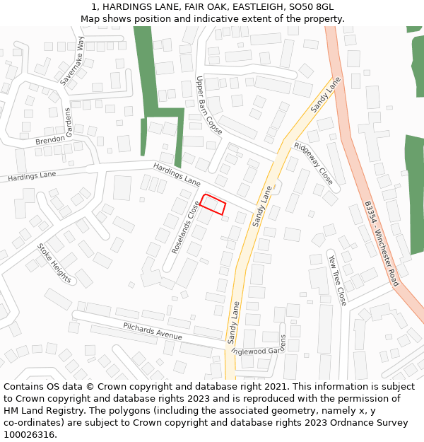 1, HARDINGS LANE, FAIR OAK, EASTLEIGH, SO50 8GL: Location map and indicative extent of plot