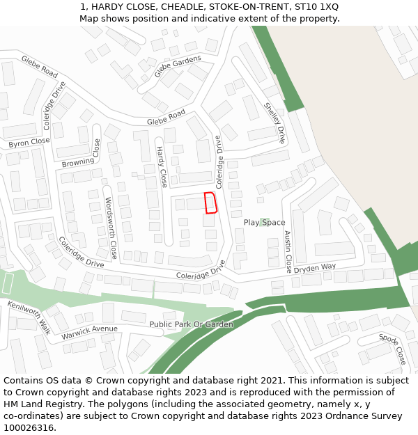 1, HARDY CLOSE, CHEADLE, STOKE-ON-TRENT, ST10 1XQ: Location map and indicative extent of plot