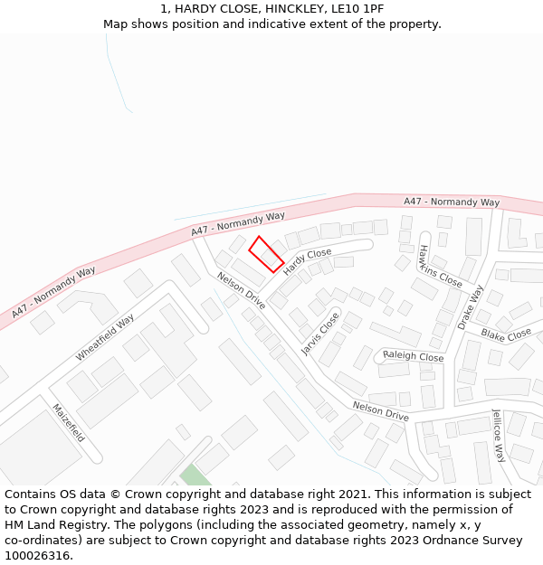 1, HARDY CLOSE, HINCKLEY, LE10 1PF: Location map and indicative extent of plot