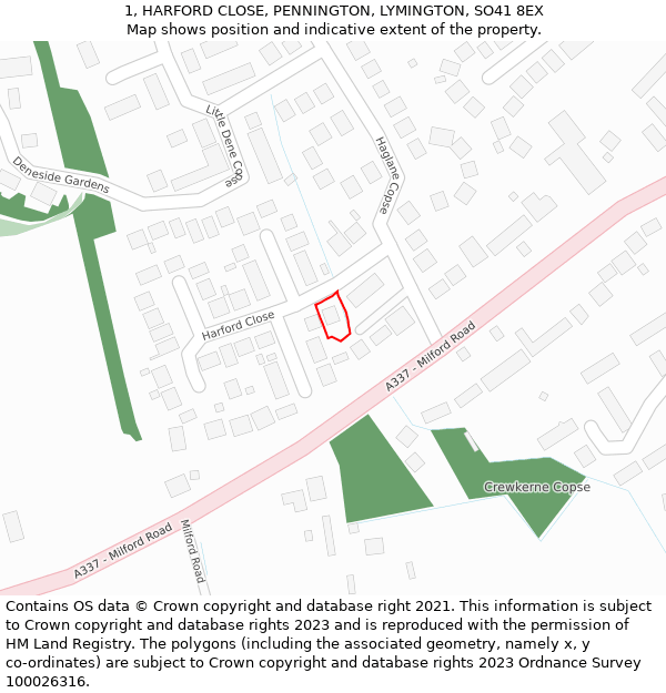 1, HARFORD CLOSE, PENNINGTON, LYMINGTON, SO41 8EX: Location map and indicative extent of plot