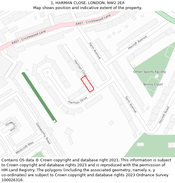 1, HARMAN CLOSE, LONDON, NW2 2EA: Location map and indicative extent of plot