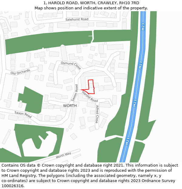 1, HAROLD ROAD, WORTH, CRAWLEY, RH10 7RD: Location map and indicative extent of plot