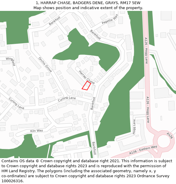 1, HARRAP CHASE, BADGERS DENE, GRAYS, RM17 5EW: Location map and indicative extent of plot