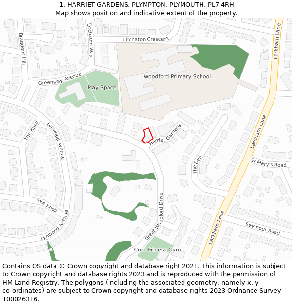 1, HARRIET GARDENS, PLYMPTON, PLYMOUTH, PL7 4RH: Location map and indicative extent of plot