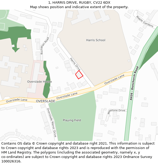 1, HARRIS DRIVE, RUGBY, CV22 6DX: Location map and indicative extent of plot