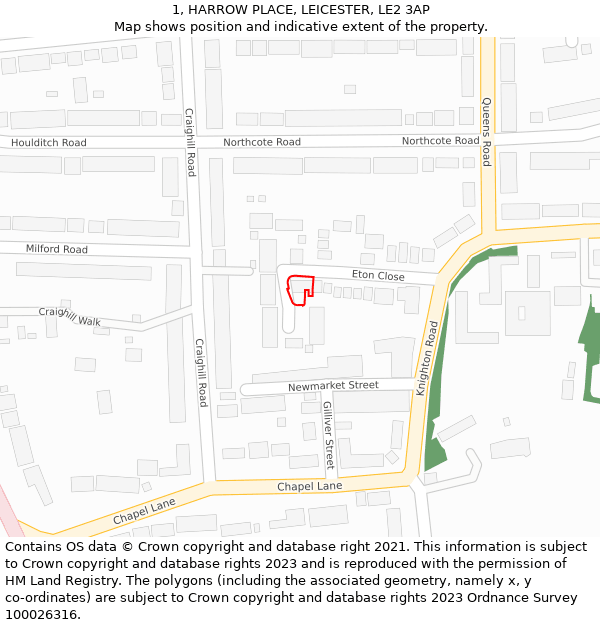 1, HARROW PLACE, LEICESTER, LE2 3AP: Location map and indicative extent of plot