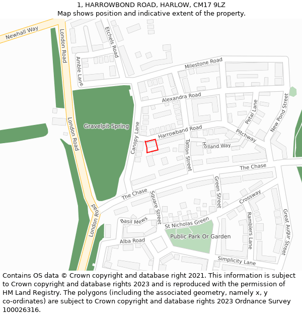 1, HARROWBOND ROAD, HARLOW, CM17 9LZ: Location map and indicative extent of plot