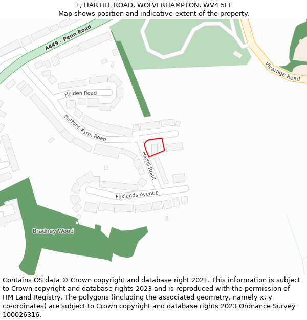 1, HARTILL ROAD, WOLVERHAMPTON, WV4 5LT: Location map and indicative extent of plot