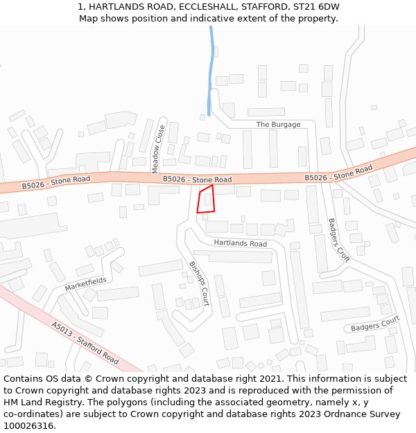 1, HARTLANDS ROAD, ECCLESHALL, STAFFORD, ST21 6DW: Location map and indicative extent of plot