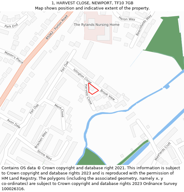 1, HARVEST CLOSE, NEWPORT, TF10 7GB: Location map and indicative extent of plot