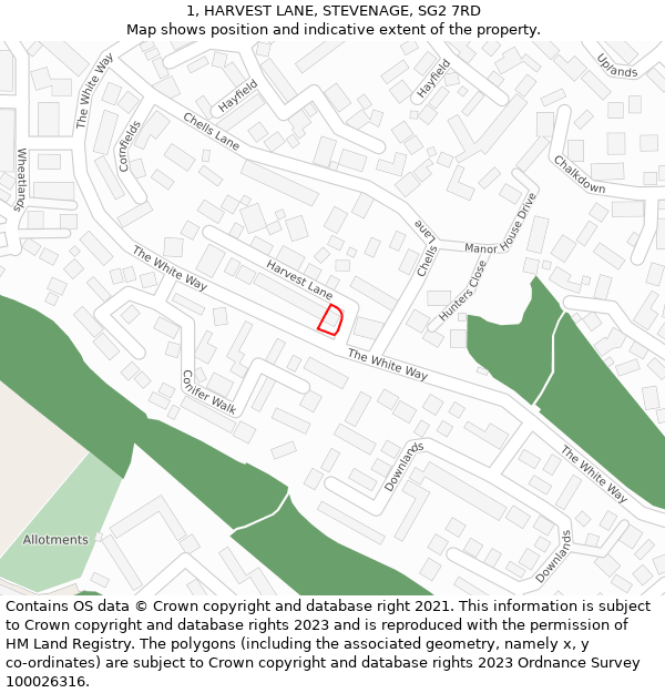 1, HARVEST LANE, STEVENAGE, SG2 7RD: Location map and indicative extent of plot