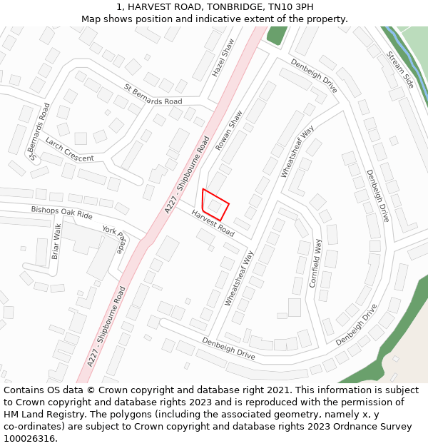 1, HARVEST ROAD, TONBRIDGE, TN10 3PH: Location map and indicative extent of plot