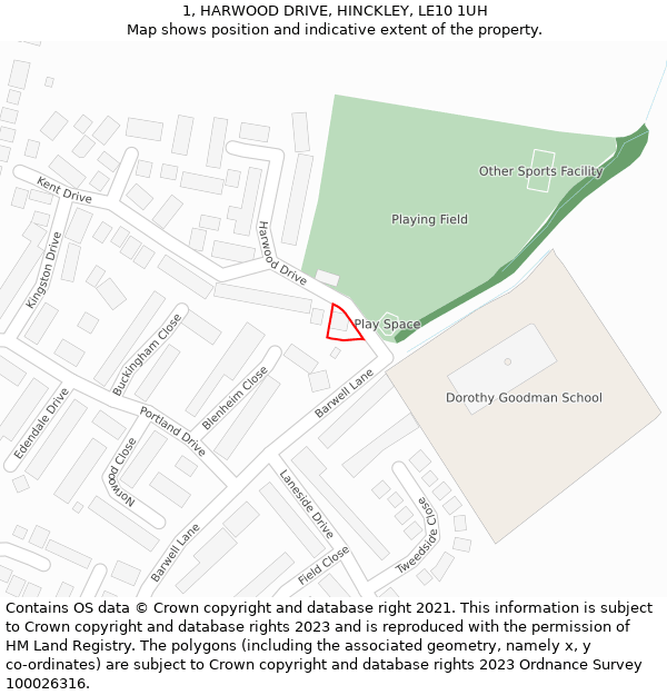 1, HARWOOD DRIVE, HINCKLEY, LE10 1UH: Location map and indicative extent of plot