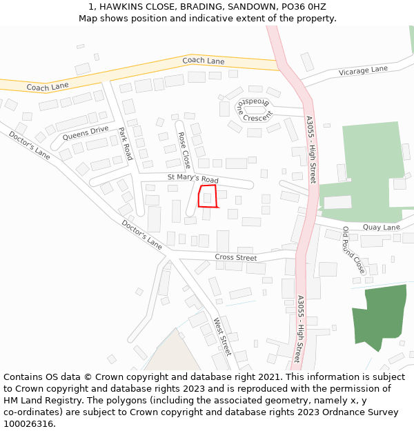 1, HAWKINS CLOSE, BRADING, SANDOWN, PO36 0HZ: Location map and indicative extent of plot