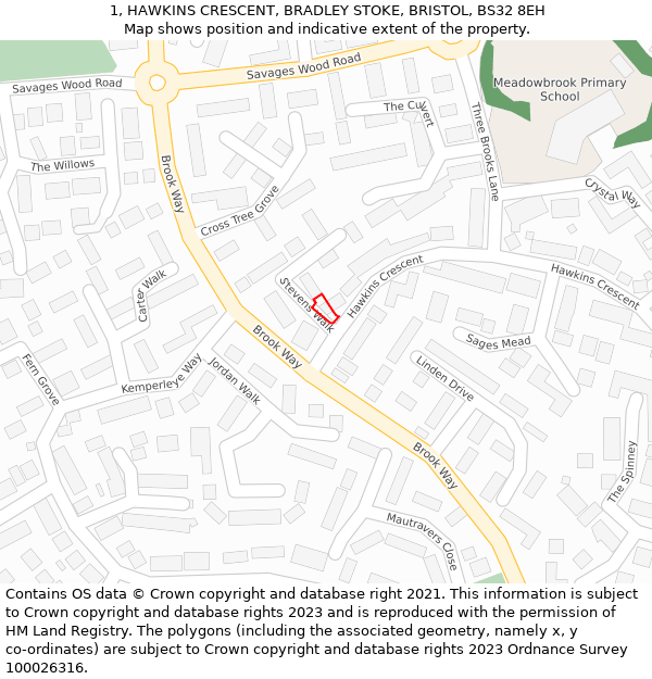 1, HAWKINS CRESCENT, BRADLEY STOKE, BRISTOL, BS32 8EH: Location map and indicative extent of plot