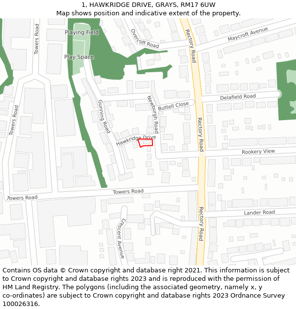 1, HAWKRIDGE DRIVE, GRAYS, RM17 6UW: Location map and indicative extent of plot