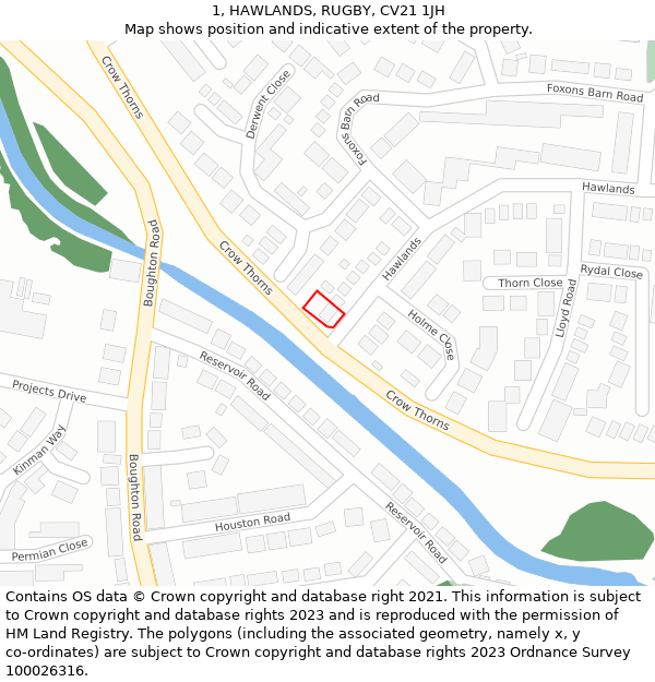 1, HAWLANDS, RUGBY, CV21 1JH: Location map and indicative extent of plot