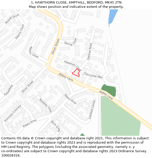 1, HAWTHORN CLOSE, AMPTHILL, BEDFORD, MK45 2TN: Location map and indicative extent of plot