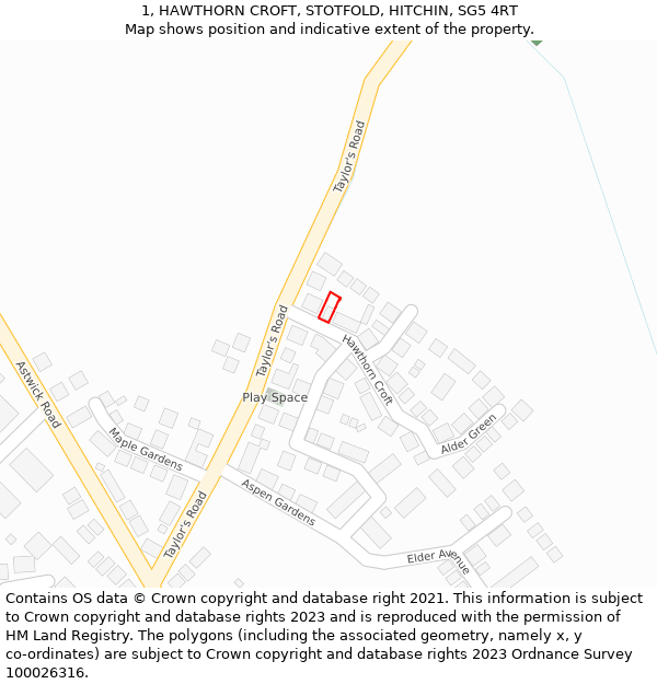 1, HAWTHORN CROFT, STOTFOLD, HITCHIN, SG5 4RT: Location map and indicative extent of plot