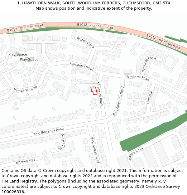 1, HAWTHORN WALK, SOUTH WOODHAM FERRERS, CHELMSFORD, CM3 5TX: Location map and indicative extent of plot