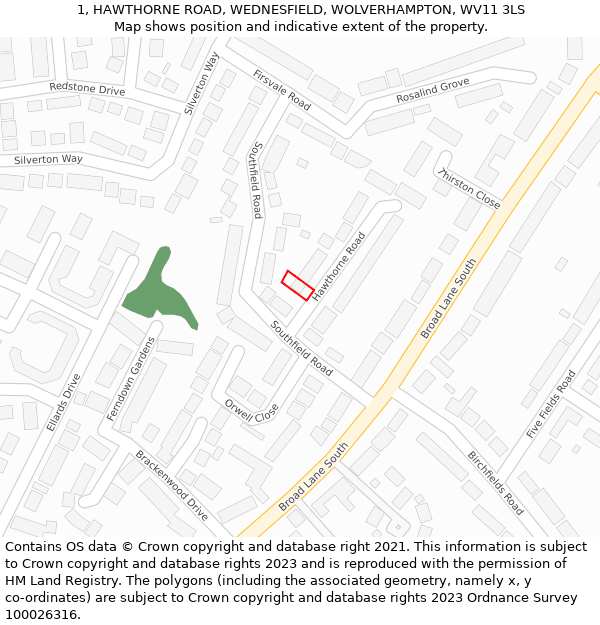 1, HAWTHORNE ROAD, WEDNESFIELD, WOLVERHAMPTON, WV11 3LS: Location map and indicative extent of plot