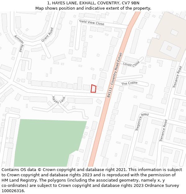 1, HAYES LANE, EXHALL, COVENTRY, CV7 9BN: Location map and indicative extent of plot