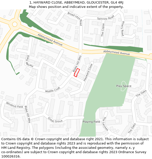 1, HAYWARD CLOSE, ABBEYMEAD, GLOUCESTER, GL4 4RJ: Location map and indicative extent of plot