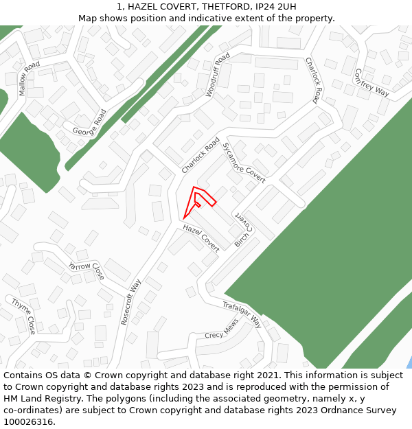 1, HAZEL COVERT, THETFORD, IP24 2UH: Location map and indicative extent of plot