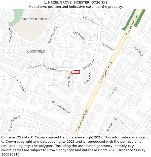 1, HAZEL GROVE, BICESTER, OX26 3XE: Location map and indicative extent of plot