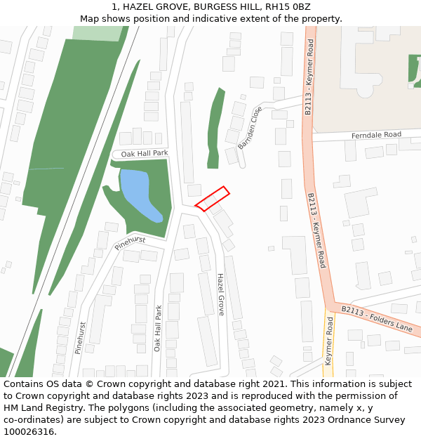 1, HAZEL GROVE, BURGESS HILL, RH15 0BZ: Location map and indicative extent of plot