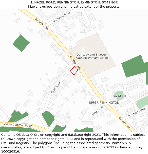 1, HAZEL ROAD, PENNINGTON, LYMINGTON, SO41 8GR: Location map and indicative extent of plot