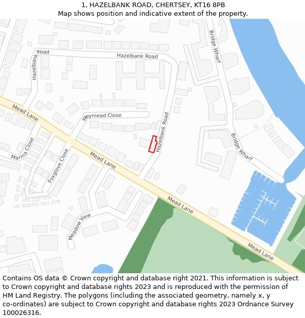 1, HAZELBANK ROAD, CHERTSEY, KT16 8PB: Location map and indicative extent of plot
