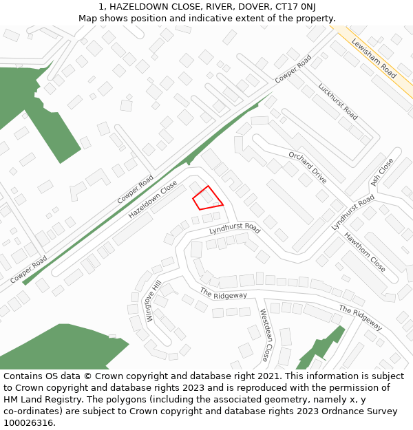 1, HAZELDOWN CLOSE, RIVER, DOVER, CT17 0NJ: Location map and indicative extent of plot