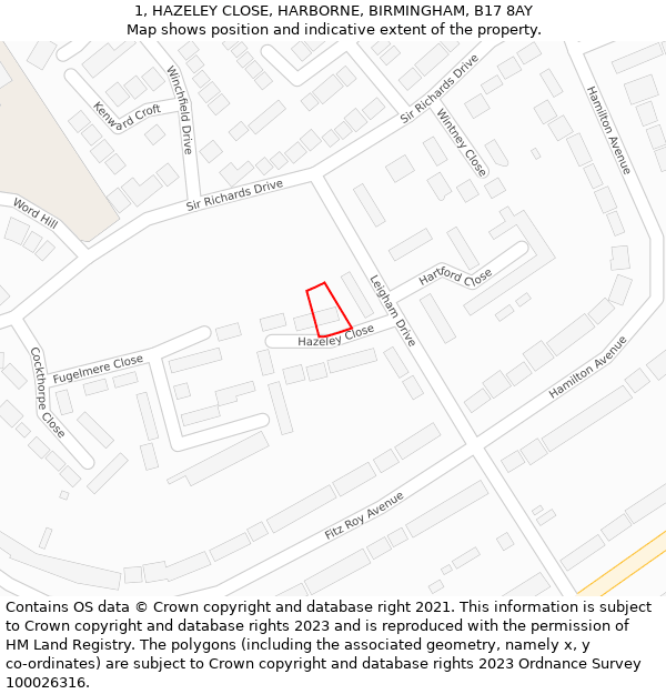 1, HAZELEY CLOSE, HARBORNE, BIRMINGHAM, B17 8AY: Location map and indicative extent of plot