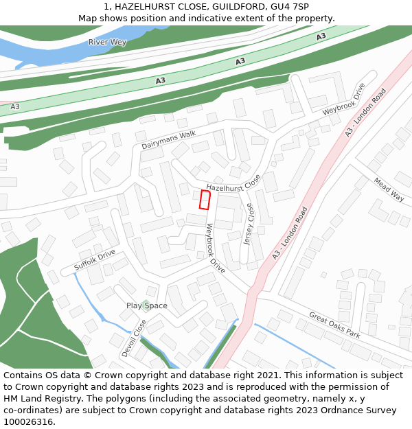 1, HAZELHURST CLOSE, GUILDFORD, GU4 7SP: Location map and indicative extent of plot