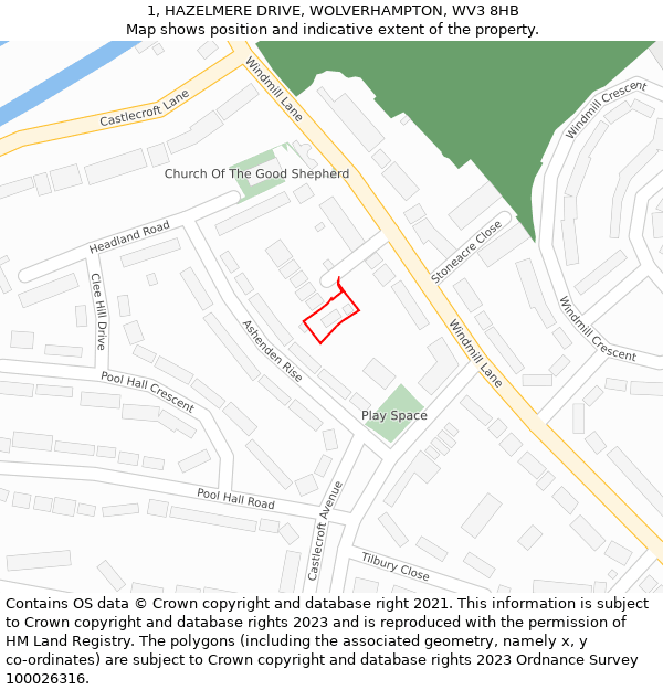 1, HAZELMERE DRIVE, WOLVERHAMPTON, WV3 8HB: Location map and indicative extent of plot