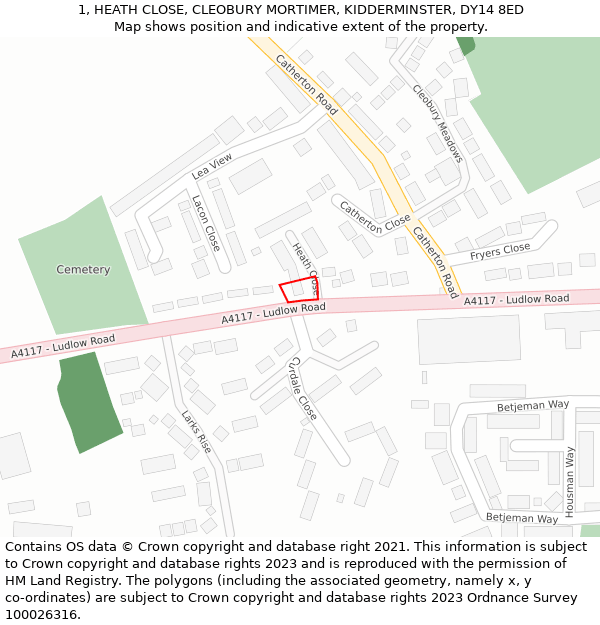 1, HEATH CLOSE, CLEOBURY MORTIMER, KIDDERMINSTER, DY14 8ED: Location map and indicative extent of plot