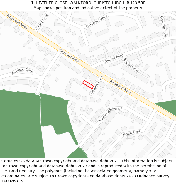 1, HEATHER CLOSE, WALKFORD, CHRISTCHURCH, BH23 5RP: Location map and indicative extent of plot