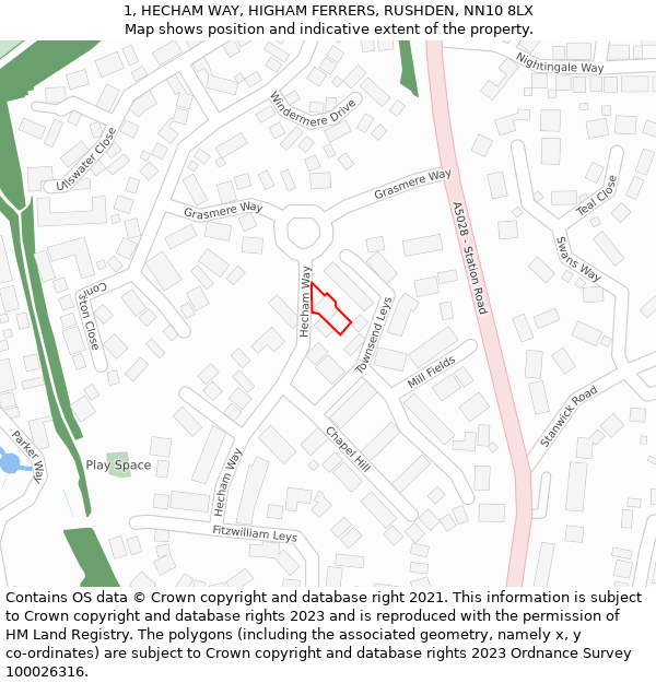 1, HECHAM WAY, HIGHAM FERRERS, RUSHDEN, NN10 8LX: Location map and indicative extent of plot