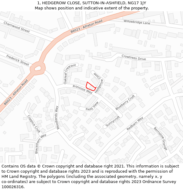 1, HEDGEROW CLOSE, SUTTON-IN-ASHFIELD, NG17 1JY: Location map and indicative extent of plot