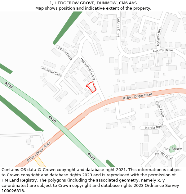 1, HEDGEROW GROVE, DUNMOW, CM6 4AS: Location map and indicative extent of plot