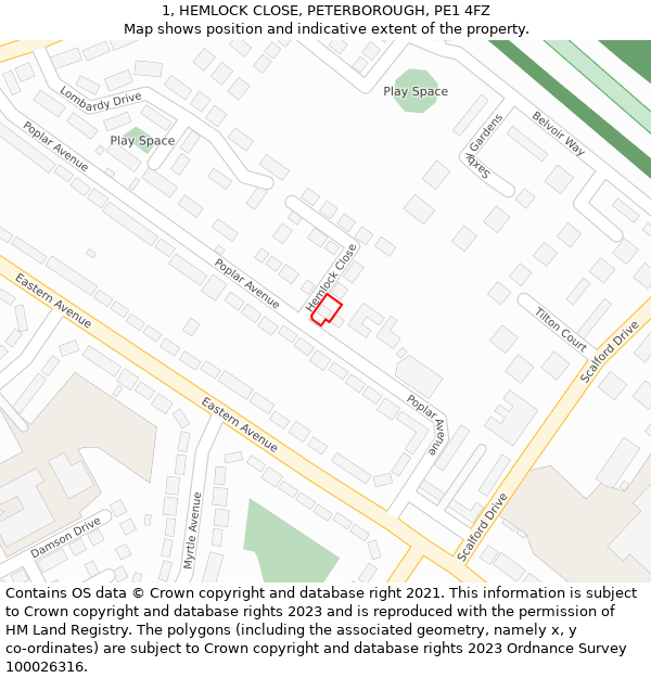 1, HEMLOCK CLOSE, PETERBOROUGH, PE1 4FZ: Location map and indicative extent of plot